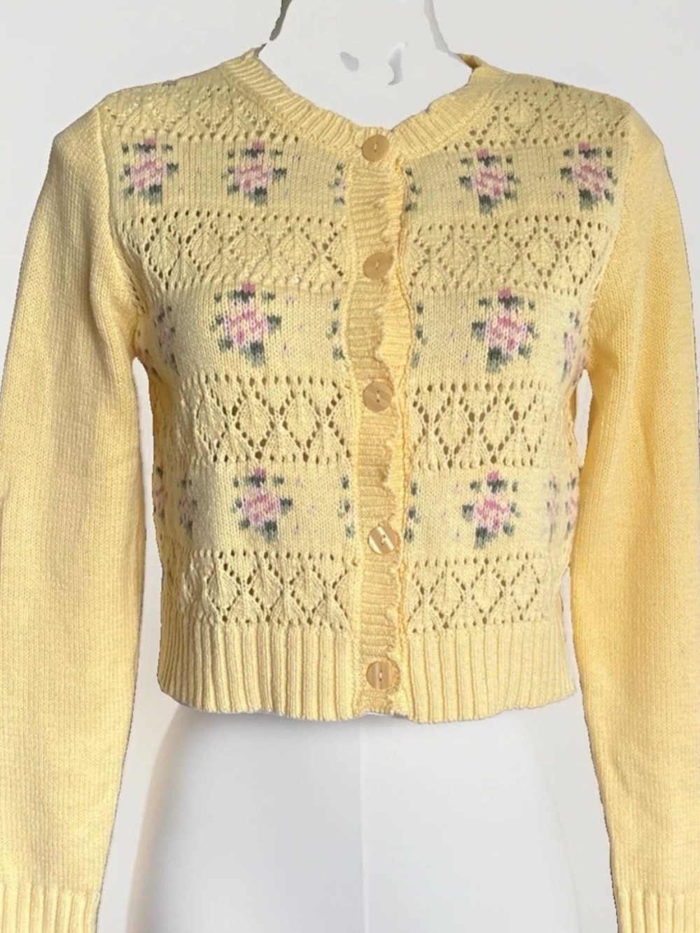 Yellow Floral Knit Cardigan Sweater
